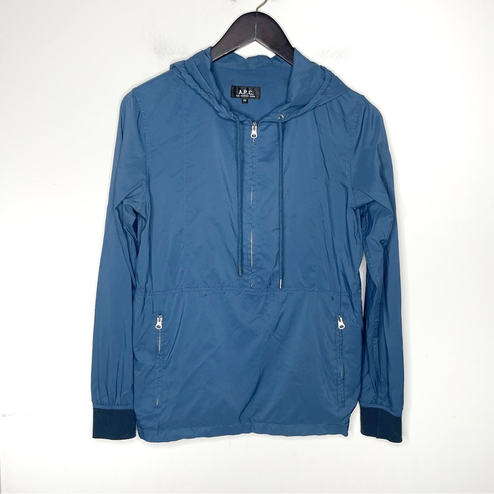A.P.C. Men's Blue Pullover Windbreaker Half Zip Hooded Jacket Size XS